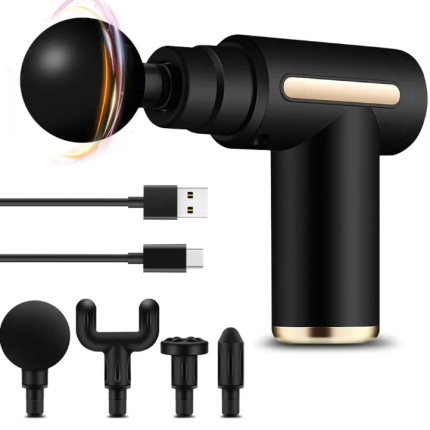 Ручной массажер для тела с 4 насадками и USB, Gun Massager, Черный / Перкуссионный массажер аккумуляторный