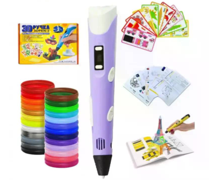 Снимок экрана 2025-10-13 132417 3D-ручка для рисования 3D Pen 3 Violet и 200 метров разноцветного пластика с трафаретами Фиолетовая — изображение 1