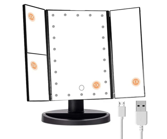 Снимок экрана 2025-10-13 162330 Косметическое зеркало тройное с подсветкой, от USB, Черный / Зеркало для макияжа / Зеркало настольное — изображение 1