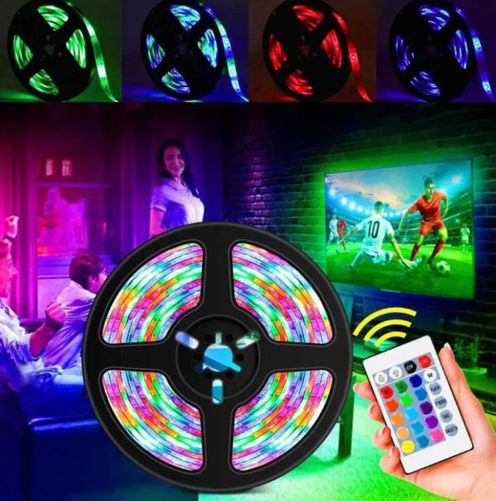 Светодиодная RGB лента 5м, 5050 с пультом и блоком питания / Многоцветная LED лента самоклеющаяся — изображение 3