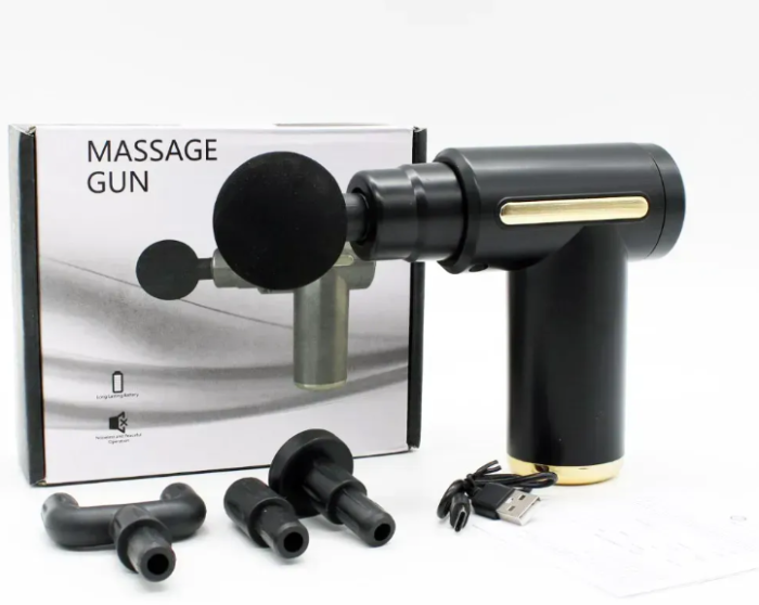 Ручной массажер для тела с 4 насадками и USB, Gun Massager, Черный / Перкуссионный массажер аккумуляторный — изображение 4