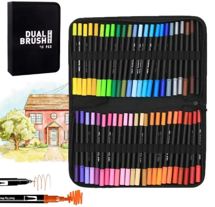 Двусторонние акварельные маркеры в пенале 48 шт, Color pencil / Набор скетч-маркеров для рисования — изображение 1