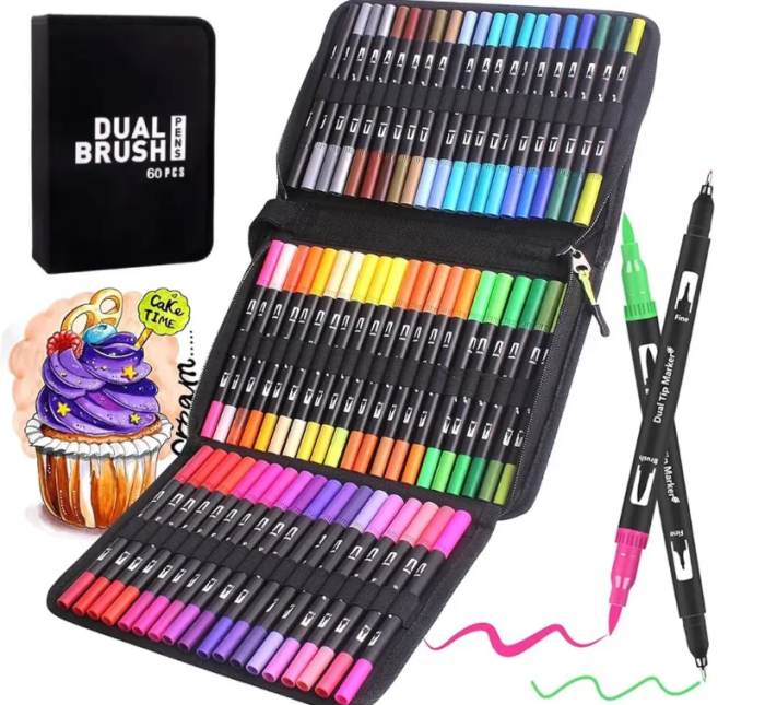 Двусторонние акварельные маркеры в пенале 60 шт, Color pencil / Набор скетч-маркеров для рисования — изображение 1