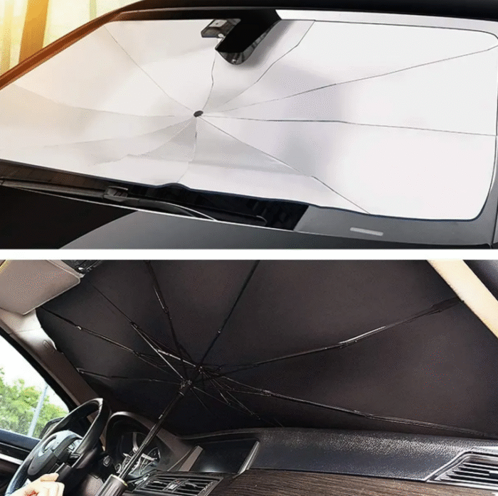 Солнцезащитный зонт на лобовое стекло в авто (120х70см), с чехлом / Автомобильный светоотражающий зонтик-шторка от солнца — изображение 4