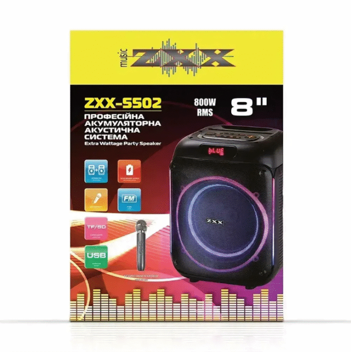Портативная колонка ZXX-5502 (8"), Bluetooth, TWS, беспроводной микрофон, аккумулятор 2400 мАч — изображение 6